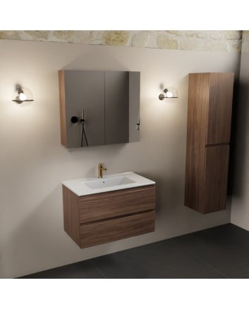 Mondiaz Aivy 80cm badmeubel Mocha, wastafel glanzend wit keramiek midden 1 kraangat met spiegelkast