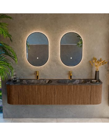 Mondiaz Kurve-Dlux 190cm badmeubel ronding Links + Rechts kleur Walnut met 2 lades en 2 deuren. Wastafel Stor small Dubbel 2 kraangaten Lava.