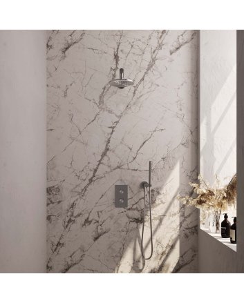 BRAUER Brushed Edition thermostatische inbouw regendouche 3-weg omstelling SET 25 met 20 cm douchekop en rechte muurarm en staaf handdouche en doucheslang en wandaansluitbocht RVS geborsteld PVD