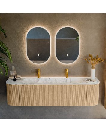 Mondiaz Kurve-Dlux 170cm badmeubel ronding Links + Rechts kleur Oak met 1 lade en 2 deuren. Wastafel Big large Midden 2 kraangaten Glace.