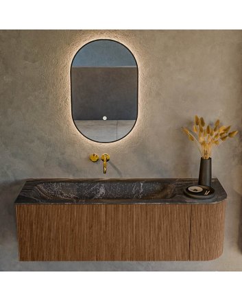 Mondiaz Kurve-Dlux 135cm badmeubel ronding Rechts kleur Walnut met 1 lade en 1 deur. Wastafel Big medium Links zonder kraangat Lava.