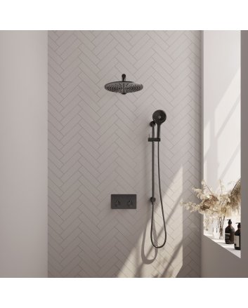 BRAUER Gunmetal Carving thermostatische inbouw regendouche met drukknoppen SET 68 met 30 cm douchekop en rechte muurarm en 3-standen handdouche en doucheslang en geïntegreerde glijstang gunmetal geborsteld PVD