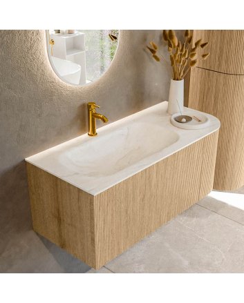 Mondiaz Kurve-Dlux 105cm badmeubel ronding Rechts kleur Oak met 1 lade en 1 deur. Wastafel Big small Links 1 kraangat Ostra.