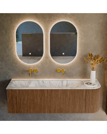 Mondiaz Kurve-Dlux 145cm badmeubel ronding Rechts kleur Walnut met 1 lade en 1 deur. Wastafel Big large Links zonder kraangat Glace.