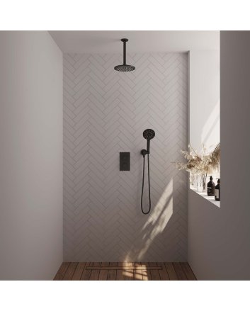 BRAUER Black Edition thermostatische inbouw regendouche 3-weg omstelling SET 35 met 20 cm douchekop en plafondarm en 3-standen handdouche en doucheslang en wandaansluitbocht mat zwart