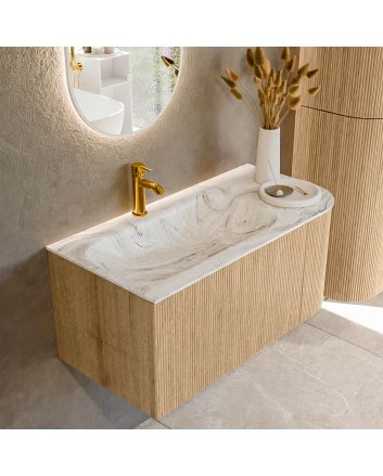 Mondiaz Kurve-Dlux 95cm badmeubel ronding Rechts kleur Oak met 1 lade en 1 deur. Wastafel Big small Links 1 kraangat Glace.