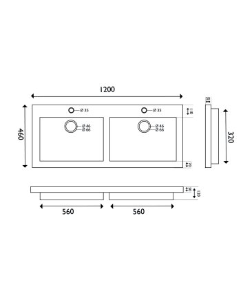 Wiesbaden Raw wastafel dubbel met 2 kraangaten 120x46x5 cm hardsteen gezoet