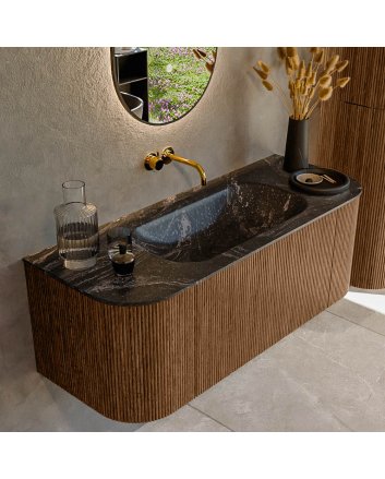 Mondiaz Kurve-Dlux 120cm badmeubel ronding Links + Rechts kleur Walnut met 1 lade en 2 deuren. Wastafel Big small Midden zonder kraangat Lava.