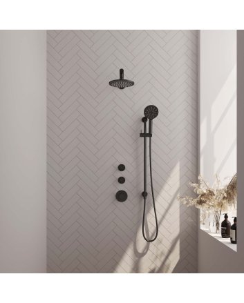 BRAUER Black Carving thermostatische inbouw regendouche SET 19 met 20 cm douchekop en rechte muurarm en 3-standen handdouche en doucheslang en geïntegreerde glijstang mat zwart