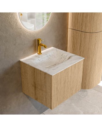 Mondiaz Kurve-Dlux 50cm badmeubel kleur Oak met 1 lade en 0 deuren. Wastafel Grunne Midden 1 kraangat Glace.