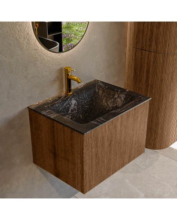 Mondiaz Kurve-Dlux 60cm badmeubel kleur Walnut met 1 lade en 0 deuren. Wastafel Cloud Midden 1 kraangat Lava.