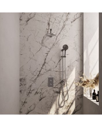BRAUER Brushed Carving thermostatische inbouw regendouche 3-weg omstelling SET 43 met 20 cm douchekop en rechte muurarm en 3-standen handdouche en doucheslang en geïntegreerde glijstang RVS geborsteld PVD