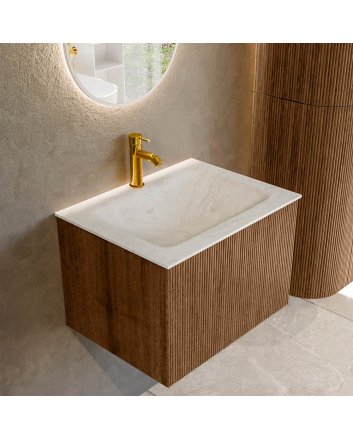 Mondiaz Kurve-Dlux 60cm badmeubel kleur Walnut met 1 lade en 0 deuren. Wastafel Cloud Midden 1 kraangat Opalo.