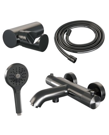 BRAUER Gunmetal Carving opbouw baddouche thermostaatkraan SET 04 met wandhouder en 3-standen handdouche en doucheslang gunmetal geborsteld PVD