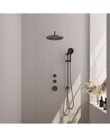 BRAUER Gunmetal Carving thermostatische inbouw regendouche SET 22 met 30 cm douchekop en gebogen muurarm en 3-standen handdouche en doucheslang en geïntegreerde glijstang gunmetal geborsteld PVD