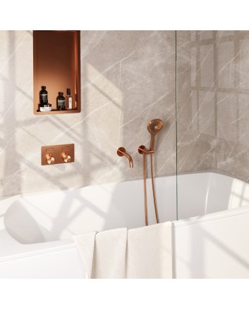 BRAUER Copper Carving thermostatische inbouw badkraan met drukknoppen SET 04 met uitloop en 3-standen handdouche en doucheslang en wandaansluitbocht koper geborsteld PVD