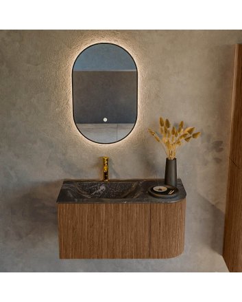 Mondiaz Kurve-Dlux 85cm badmeubel ronding Rechts kleur Walnut met 1 lade en 1 deur. Wastafel Cloud Links 1 kraangat Lava.
