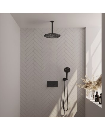 BRAUER Black Carving thermostatische inbouw regendouche met drukknoppen SET 60 met 30 cm douchekop en plafondarm en 3-standen handdouche en doucheslang en wandaansluitbocht mat zwart