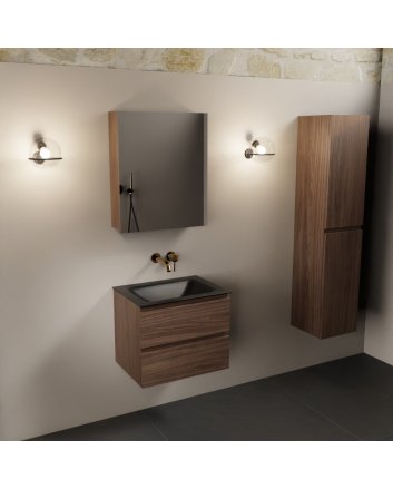 Mondiaz Aivy 60cm badmeubel Mocha, wastafel Urban solid surface midden zonder kraangat met spiegelkast