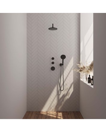 BRAUER Black Edition thermostatische inbouw regendouche SET 09 met 20 cm douchekop en gebogen muurarm en 3-standen handdouche en doucheslang en wandaansluitbocht mat zwart