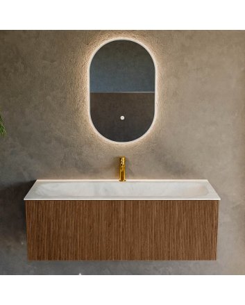 Mondiaz Kurve-Dlux 120cm badmeubel kleur Walnut met 1 lade en 0 deuren. Wastafel Big large Midden 1 kraangat Opalo.