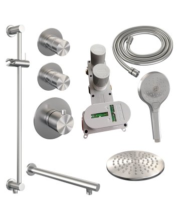 BRAUER Brushed Edition thermostatische inbouw regendouche SET 19 met 20 cm douchekop en rechte muurarm en 3-standen handdouche en doucheslang en geïntegreerde glijstang RVS geborsteld PVD