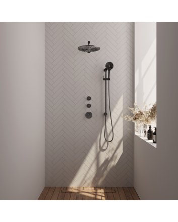BRAUER Gunmetal Carving thermostatische inbouw regendouche SET 20 met 30 cm douchekop en rechte muurarm en 3-standen handdouche en doucheslang en geïntegreerde glijstang gunmetal geborsteld PVD