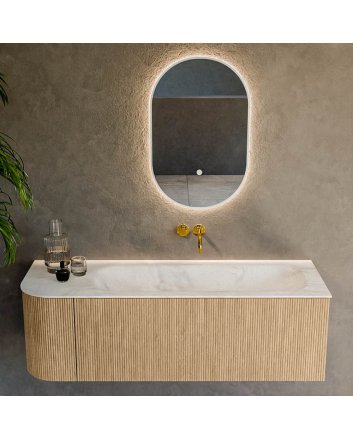 Mondiaz Kurve-Dlux 135cm badmeubel ronding Links kleur Oak met 1 lade en 1 deur. Wastafel Big medium Rechts zonder kraangat Ostra.