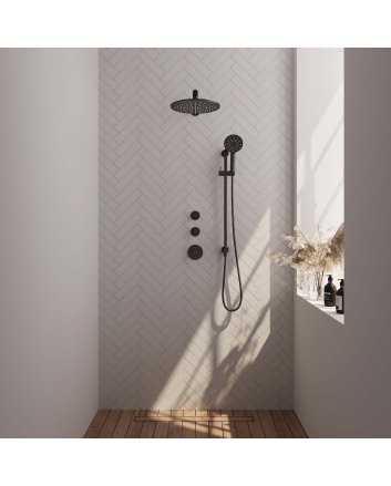 BRAUER Black Edition thermostatische inbouw regendouche SET 20 met 30 cm douchekop en rechte muurarm en 3-standen handdouche en doucheslang en geïntegreerde glijstang mat zwart