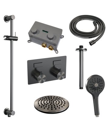 BRAUER Gunmetal Carving thermostatische inbouw regendouche met drukknoppen SET 71 met 20 cm douchekop en plafondarm en 3-standen handdouche en doucheslang en geïntegreerde glijstang gunmetal geborsteld PVD