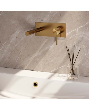 BRAUER Gold Carving inbouw wastafelmengkraan met rechte uitloop en afdekplaat model A1 goud geborsteld PVD