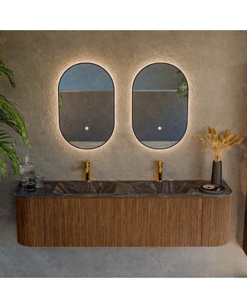 Mondiaz Kurve-Dlux 170cm badmeubel ronding Links + Rechts kleur Walnut met 1 lade en 2 deuren. Wastafel Leaf Dubbel 2 kraangaten Lava.