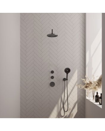 BRAUER Gunmetal Carving thermostatische inbouw regendouche SET 09 met 20 cm douchekop en gebogen muurarm en 3-standen handdouche en doucheslang en wandaansluitbocht gunmetal geborsteld PVD