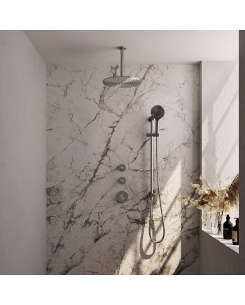 BRAUER Brushed Carving thermostatische inbouw regendouche SET 24 met 30 cm douchekop en plafondarm en 3-standen handdouche en doucheslang en geïntegreerde glijstang RVS geborsteld PVD