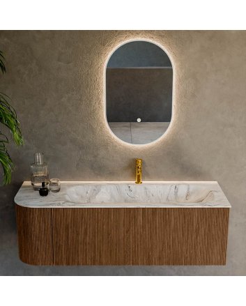 Mondiaz Kurve-Dlux 135cm badmeubel ronding Links kleur Walnut met 1 lade en 1 deur. Wastafel Big medium Rechts 1 kraangat Glace.