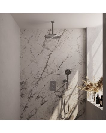 BRAUER Brushed Edition thermostatische inbouw regendouche 3-weg omstelling SET 36 met 30 cm douchekop en plafondarm en 3-standen handdouche en doucheslang en wandaansluitbocht RVS geborsteld PVD