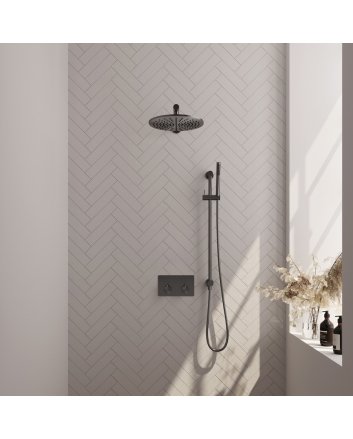 BRAUER Gunmetal Carving thermostatische inbouw regendouche met drukknoppen SET 62 met 30 cm douchekop en rechte muurarm en staaf handdouche en doucheslang en geïntegreerde glijstang gunmetal geborsteld PVD
