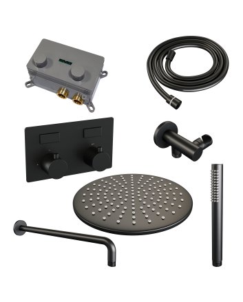 BRAUER Black Edition thermostatische inbouw regendouche met drukknoppen SET 52 met 30 cm douchekop en gebogen muurarm en staaf handdouche en doucheslang en wandaansluitbocht mat zwart