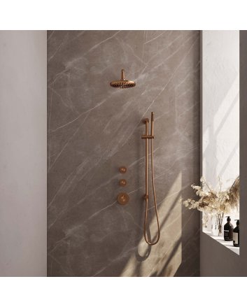 BRAUER Copper Carving thermostatische inbouw regendouche SET 15 met 20 cm douchekop en gebogen muurarm en staaf handdouche en doucheslang en geïntegreerde glijstang koper geborsteld PVD