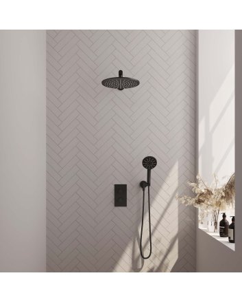 BRAUER Black Carving thermostatische inbouw regendouche 3-weg omstelling SET 32 met 30 cm douchekop en rechte muurarm en 3-standen handdouche en doucheslang en wandaansluitbocht mat zwart