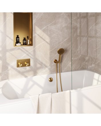 BRAUER Gold Edition thermostatische inbouw badkraan met drukknoppen SET 04 met badvulcombinatie en 3-standen handdouche en doucheslang en wandaansluitbocht goud geborsteld PVD