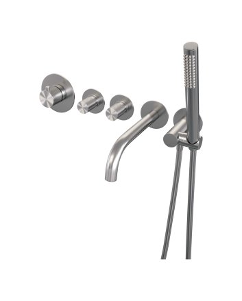 BRAUER Brushed Carving thermostatische inbouw badkraan SET 01 met uitloop en staaf handdouche en doucheslang en wandaansluitbocht RVS geborsteld PVD