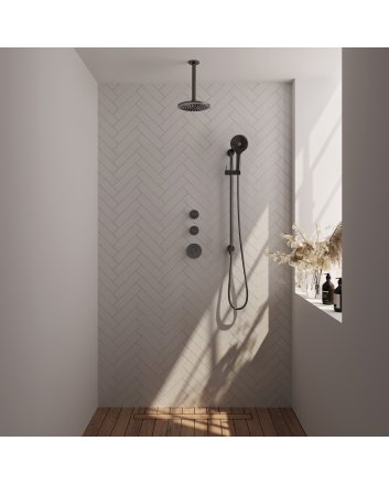 BRAUER Gunmetal Carving thermostatische inbouw regendouche SET 23 met 20 cm douchekop en plafondarm en 3-standen handdouche en doucheslang en geïntegreerde glijstang gunmetal geborsteld PVD