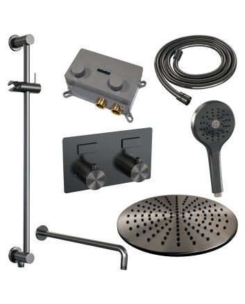 BRAUER Gunmetal Edition thermostatische inbouw regendouche met drukknoppen SET 70 met 30 cm douchekop en gebogen muurarm en 3-standen handdouche en doucheslang en geïntegreerde glijstang gunmetal geborsteld PVD