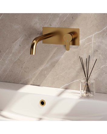 BRAUER Gold Edition inbouw wastafelmengkraan met gebogen uitloop en afdekplaat model D1 goud geborsteld PVD