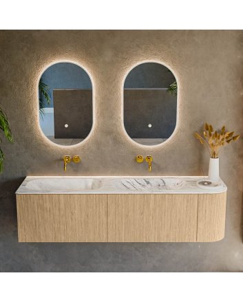 Mondiaz Kurve-Dlux 165cm badmeubel ronding Rechts kleur Oak met 2 lades en 1 deur. Wastafel Stor small Dubbel / Links zonder kraangat Glace.