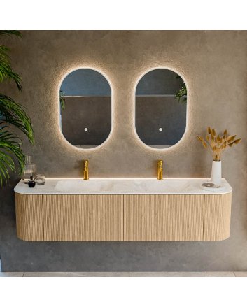 Mondiaz Kurve-Dlux 180cm badmeubel ronding Links + Rechts kleur Oak met 2 lades en 2 deuren. Wastafel Leaf Dubbel 2 kraangaten Ostra.