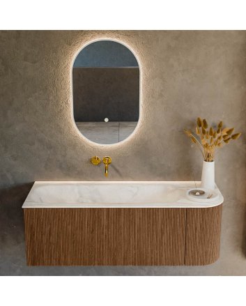 Mondiaz Kurve-Dlux 125cm badmeubel ronding Rechts kleur Walnut met 1 lade en 1 deur. Wastafel Big medium Links zonder kraangat Ostra.