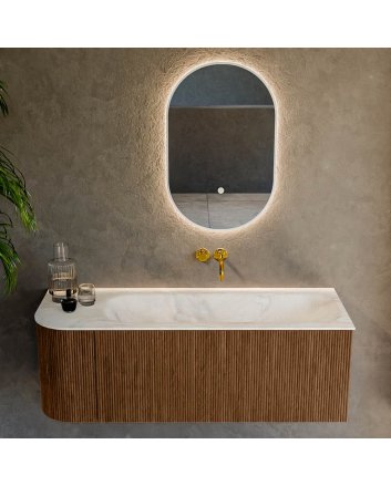 Mondiaz Kurve-Dlux 125cm badmeubel ronding Links kleur Walnut met 1 lade en 1 deur. Wastafel Big medium Rechts zonder kraangat Ostra.
