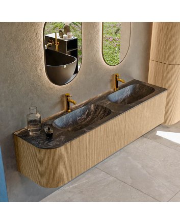 Mondiaz Kurve-Dlux 175cm badmeubel ronding Links kleur Oak met 2 lades en 1 deur. Wastafel Stor small Dubbel / Rechts 2 kraangaten Lava.